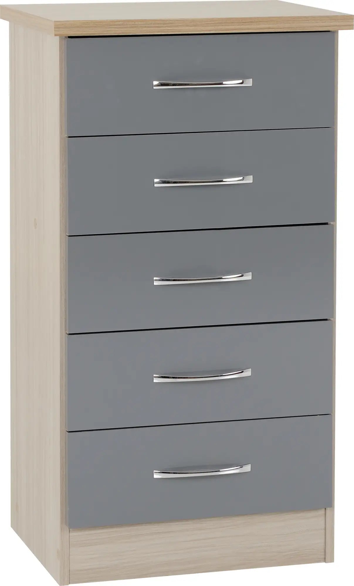Nevada 5 Drawer Narrow Chest Grey Glosslight Oak Effect Veneer 2019 01