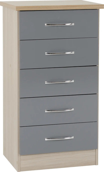 Nevada 5 Drawer Narrow Chest Grey Glosslight Oak Effect Veneer 2019 01