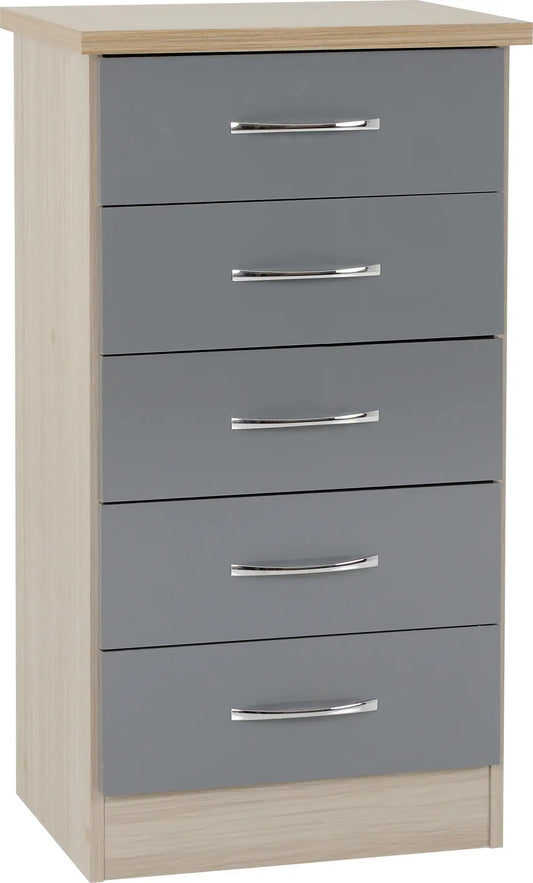 Nevada 5 Drawer Narrow Chest Grey Glosslight Oak Effect Veneer 2019 01