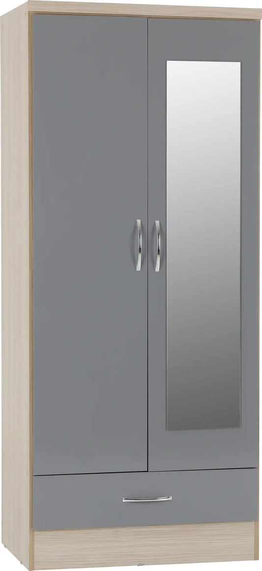 Nevada Mirrored 2 Door Wardrobe Grey Glosslight Oak Effect Veneer 2019 01