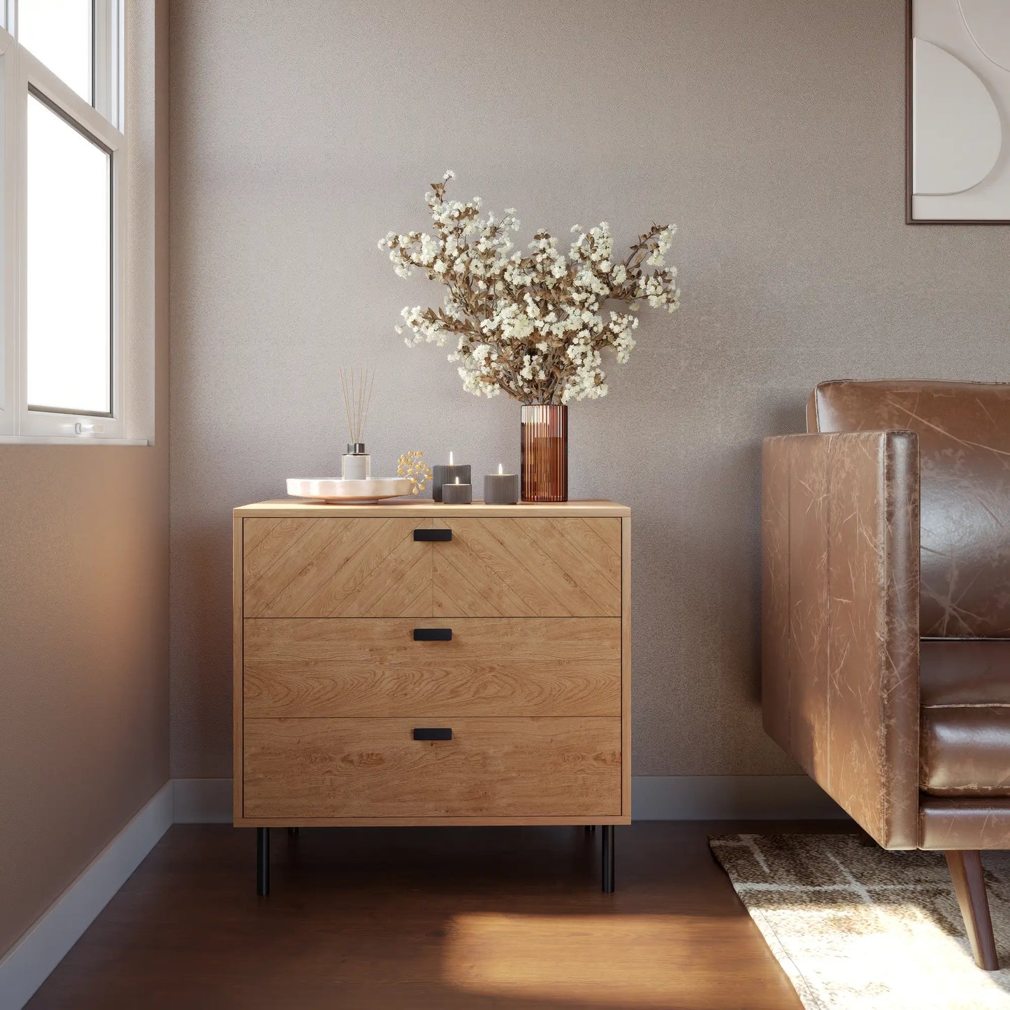 Leon 3 Drawer Chest   Medium Oak Effect 2023  08 Dx